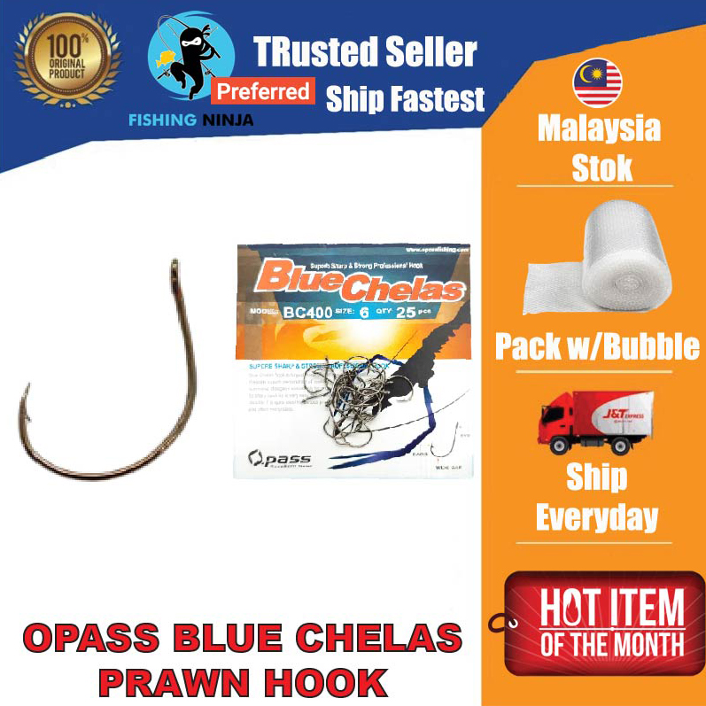 Opass Blue Chelas Prawn Hook (BC400) 25 ชิ้น/แพ็คขนาด 1-6 ตกปลาปลอม Prawn Hook Galah Hook