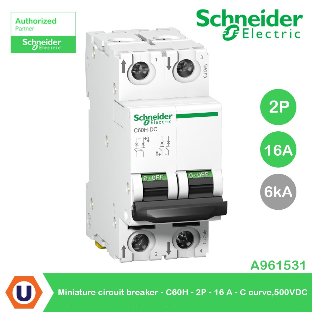 Schneider A9N61531 เบรกเกอร์ลูกย่อยสำหรับไฟ DC เท่านั้น Miniature circuit breaker - C60H - 2P - 16 A