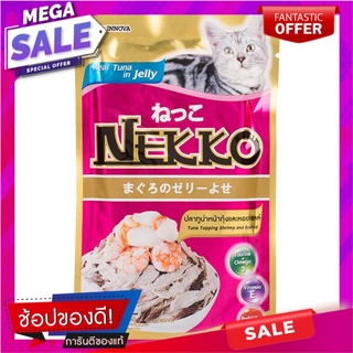 เน็กโกะอาหารแมวรสปลาทูน่าหน้ากุ้งและหอยเชลล์ในเยลลี่ 70กรัม Nekko Cat Food Tuna Topping Shrimp and Scallop in Jelly 70g.