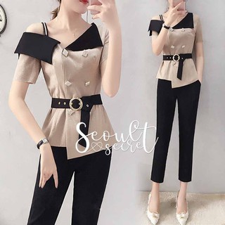 Korea Style Cream&amp;Black Two tone oblique shoulder opening Set