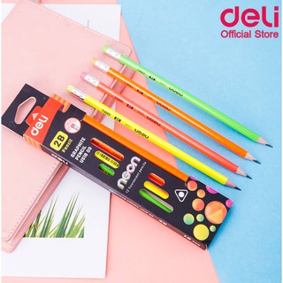 Deli ดินสอไม้ 2B ทรง 3 เหลี่ยม จับถนัดมือ สีนีออน neon U51800 (12 ด้าม)