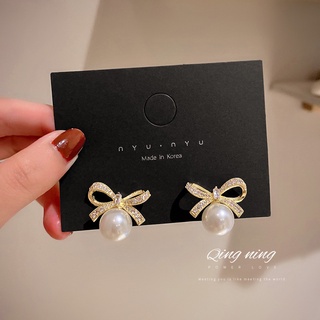 925 Silver Needle Personality Pearl Diamond Bow Stud Earrings