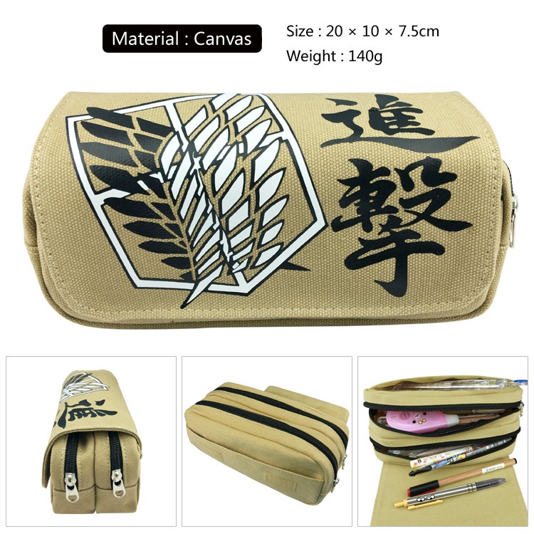 Attack on Titan Canvas Double-Layer Large-ความจุซิปกล่องดินสอนักเรียนโรงเรียน