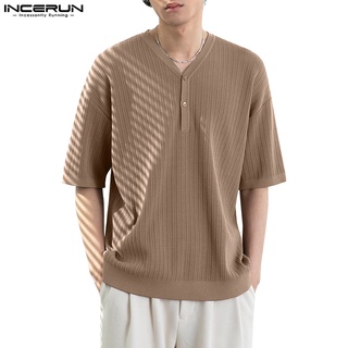 Incerun เสื้อยืดแขนสั้น คอวี ผ้าถัก ทรงหลวม ลายทาง สําหรับผู้ชาย ไซซ์ S-5XL