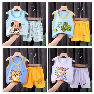 Babyonline(Y230)I3 ชุดเช็ตเสื้อกล้ามกางเกงขาสั้นสำหรับเด็กลายการ์ตูน ผ้าฝ้าย