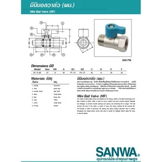 มินิบอลวาล์ว บอลวาวล์ บอลวาล์วสองทาง ผม มม ผผ ผผ ฉาก (ผม. มม. ผผ.) ซันวา SANWA ขนาด 1/2" (4 หุน)