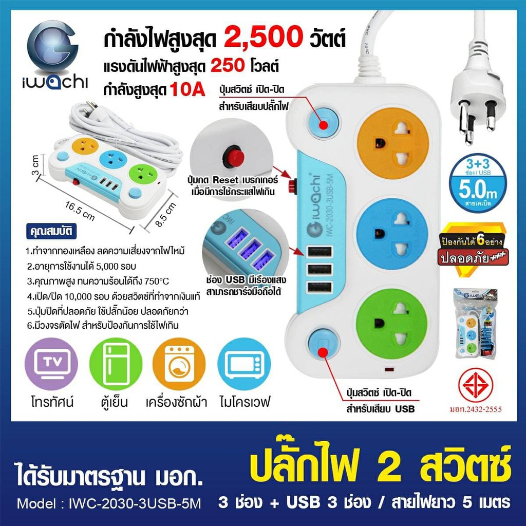 รางปลั๊ก ปลั๊กพร้อมสาย 3 ที่ + 3 USB 3/5 เมตร IWASHI ใช้งานง่ายคุณภาพดี เหมาะกับใช้ที่บ้านกับทุกอุปกรณ์