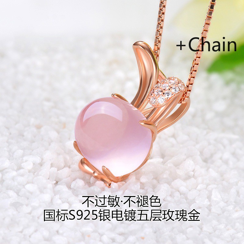 สร้อยคอโซ่เงิน S925 ชุบสีโรสโกลด์ ประดับจี้หินธรรมชาติ สีชมพูคริสตัล รูปกระต่าย สไตล์เกาหลี สำหรับผู้หญิง de2-2826