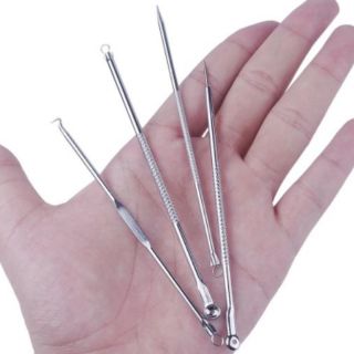 เซ็ตกดสิว 4 อัน แสตนเลสสตีล ที่กดสิว สีเงิน Acne extractor 4 pcs set Silver Beauty tool Blackhead Pimples