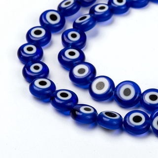 Handmade Evil Eye Lampwork Flat Round Bead Strands, Blue, ลูกปัด Evil Eye Lampwork เม็ดกลมแบน สีน้ำเงิน