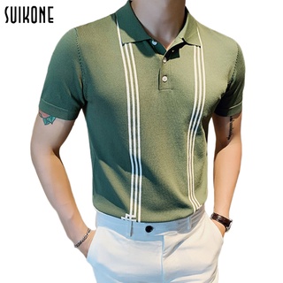 Suikon เสื้อเชิ้ตโปโลลายทางสีเขียวฤดูร้อนผู้ชายปุ่มปกแขนสั้นด้านบนลำลองบางแฟชั่นเสื้อโปโล