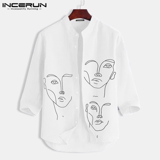 Incerun เสื้อเชิ้ตลําลอง แขน 3/4 พิมพ์ลาย ติดกระดุม ทรงหลวม แฟชั่นสําหรับผู้ชาย