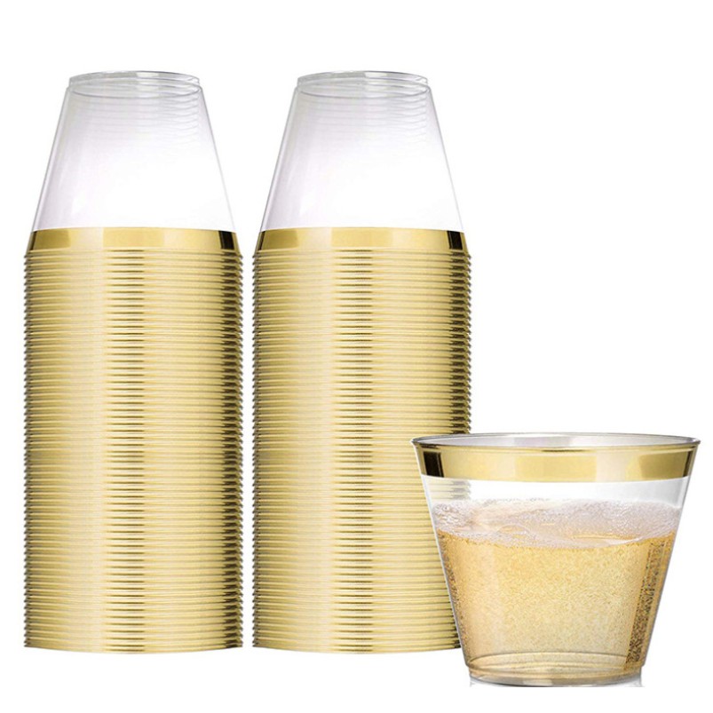 50 Pcs Disposable cup Gold Plastic Cups 9oz Transparent with Gold Rim Clear Plastic Cups for Party T