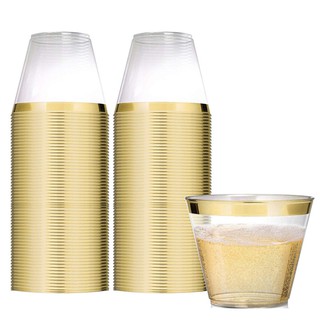 50 Pcs Disposable cup Gold Plastic Cups 9oz Transparent with Gold Rim Clear Plastic Cups for Party Tableware Wedding