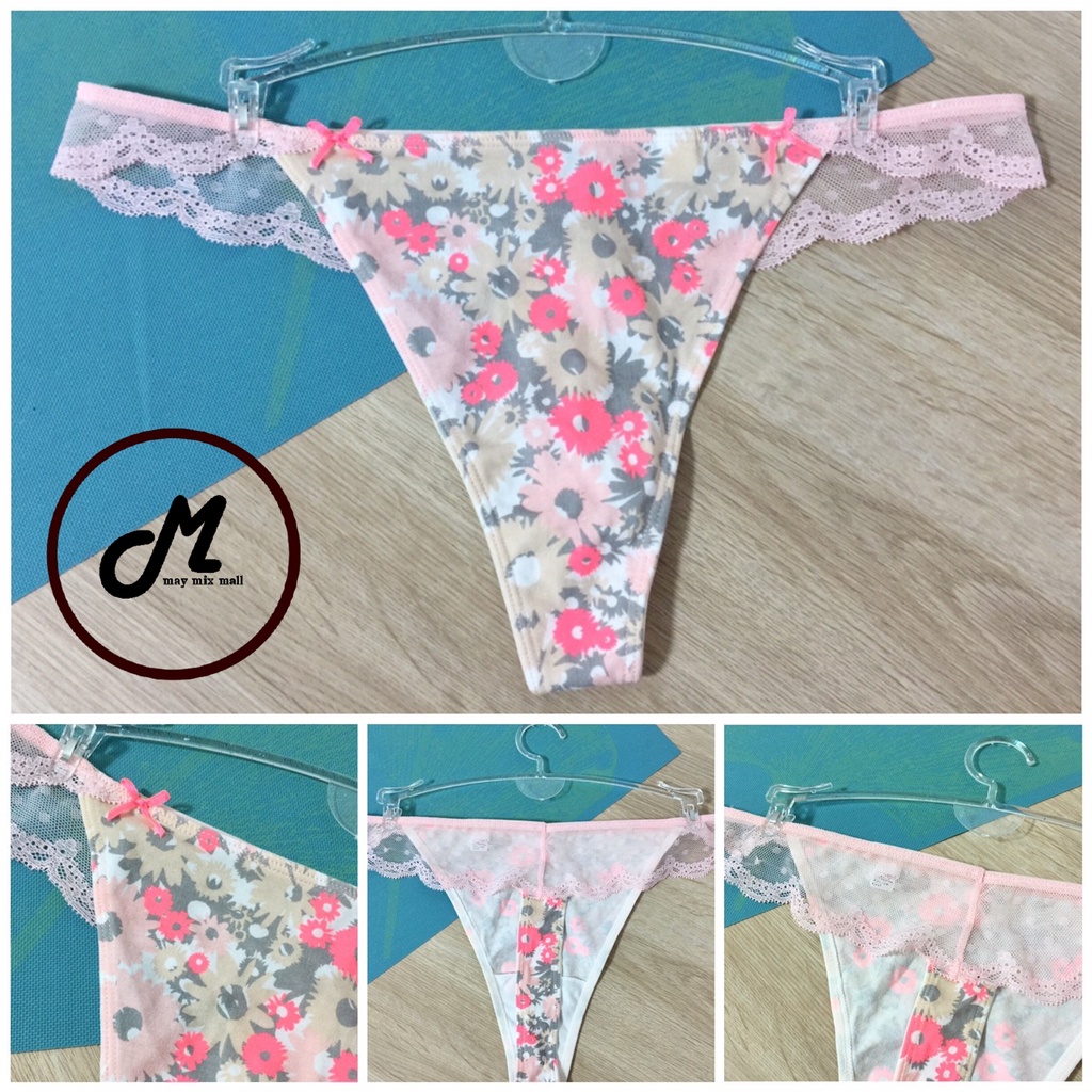 MG7-047(B7-G084-123)ไซส์Lเอว30ยืดได้44นิ้ว,จีสตริงลายดอกไม้สีโทนโอรสหวานๆ,ผ้าคอตตอนผสมสแปนเด็กซ์ยืดไ