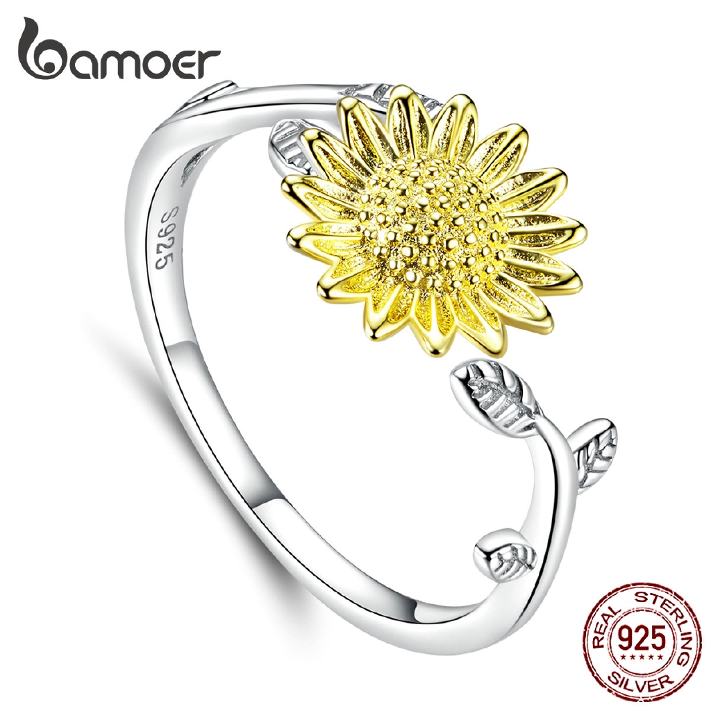 Bamoer 925 แฟชั่นแหวนลายดอกไม้สีเงิน