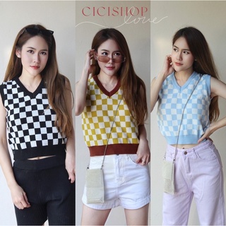 Cici(NO.8185/8191)เสื้อกั๊กไหมพรมคอวีทอลายตาราง เนื้อผ้าใส่สบาย สไตล์ฮิปสเตอร์ชิคๆ