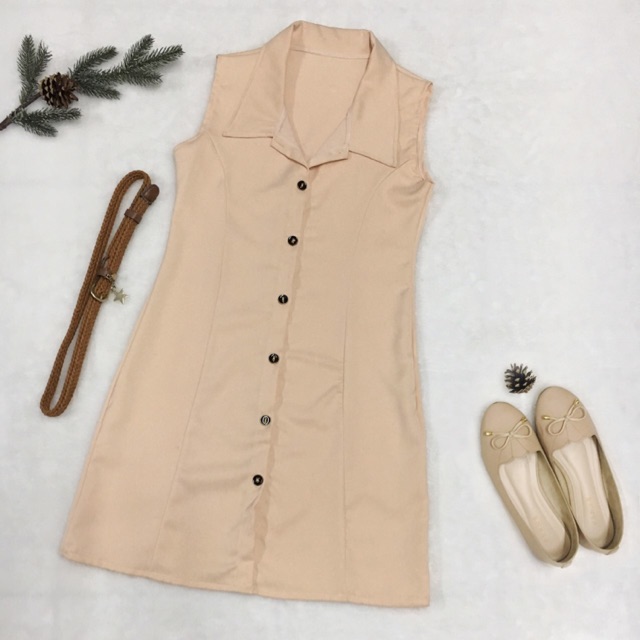 ©SKU-016 - ชุดเดรสคอปก ผ้าฮานาโกะ แถมฟรี!! เข็มขัด