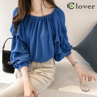 เสื้อแฟชั่นหญิงเสื้อเบลาส์เปิดไหล่ผ้าชีฟองแขนยาว off-the-shoulder blouse 9160