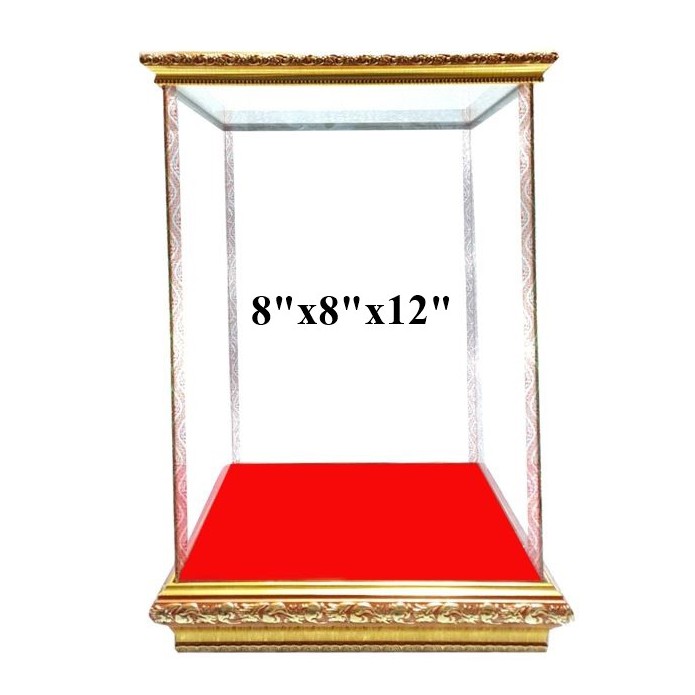 ตู้พระ ตู้ครอบพระ ฐานสูง 2 นิ้ว ตู้กระจก(ใส่พระขนาด 8x8x12 นิ้ว) ขนาดภายนอก 23.5x23.5x36.5 ซม. กรอบไม้สีทอง