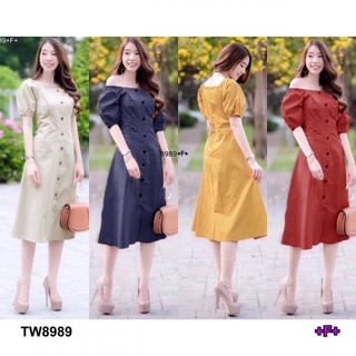 8989 Dress เดรส คอกว้าง แต่งกระดุมหน้า