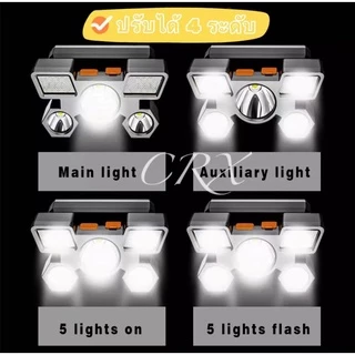 5ไฟ ไฟฉายคาดศีรษะ LED หมุนได้ แสงปรับได้4ระดับ แบบชาร์จไฟในตัว ไฟฉายคาดหัว ไฟฉายกันน้ำ แสงสีขาว ไฟ ไฟฉาย ไฟฉายคาดศรีษะ ไ