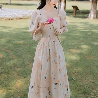 ย้อนยุคคอเหลี่ยมเดรสสไตล์เกาหลีเดรสสีพื้น