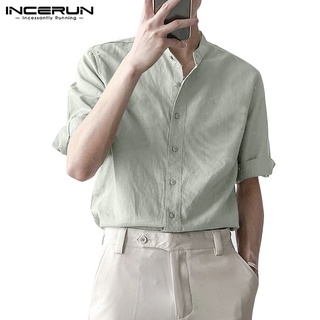 Incerun เสื้อเชิ้ตแขนสั้น ผ้าฝ้าย สีพื้น แบบเป็นทางการ ใส่สบาย สําหรับผู้ชาย