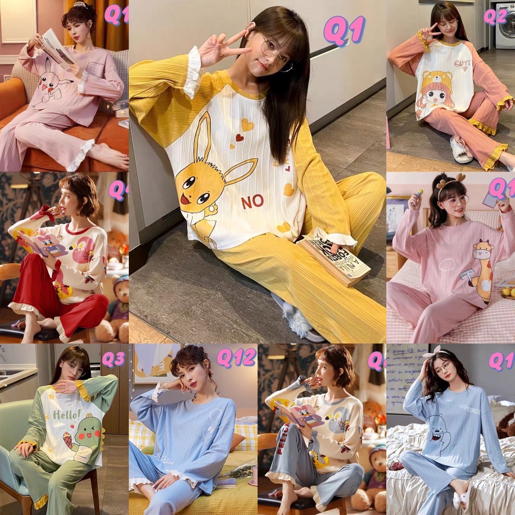 Pajamas 115 บาท Q1-ชุดนอนผู้หญิง ลายใหม่ พิมลาย เเขนยาว+ขายาว พร้อมส่งที่ไทย Women Clothes