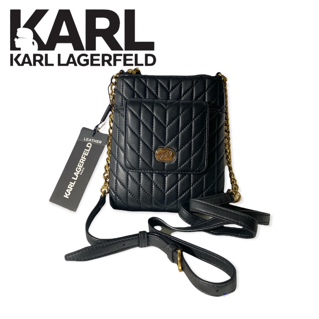 กระเป๋า แบรนด์แท้ 100% Karl Lagerfeld Women's Black Kosette Quilted Leather Crossbody Bag จัดส่งฟรี