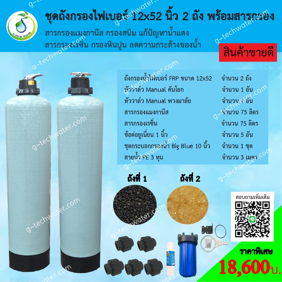 ชุดถังกรองน้ำ FRP 12x52 นิ้ว 2 ถัง แมงกานีส+เรซิ่น กรองหินปูนและสนิมเหล็ก ชุดนี้เหมาะสำหรับน้ำบาดาลท