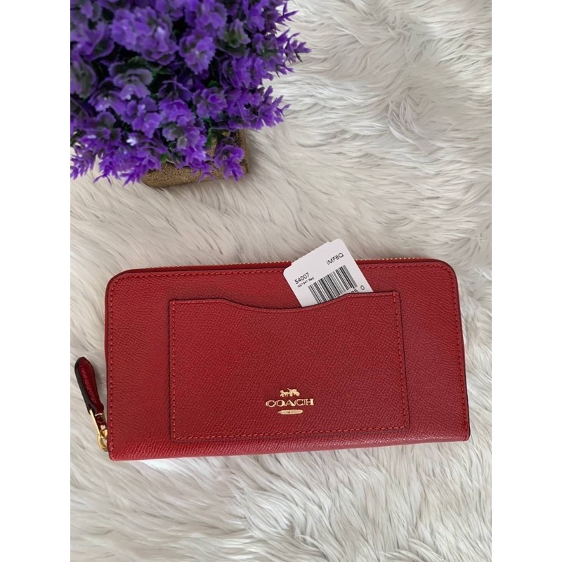 (ผ่อน0%) กระเป๋าสตางค์ ซิปรอบ หนังแท้ สีแดง poppy  ACCORDION ZIP WALLET (COACH F54007) red