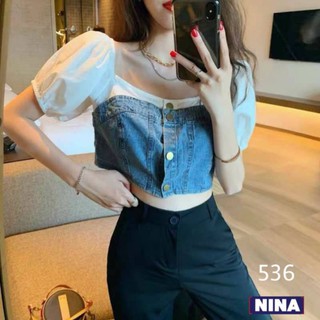 เสื้อยีนส์แต่งผ้าขาวรุ่นนี้ ตัดกันดี๊ดี กระดุมอะไหล่ทอง