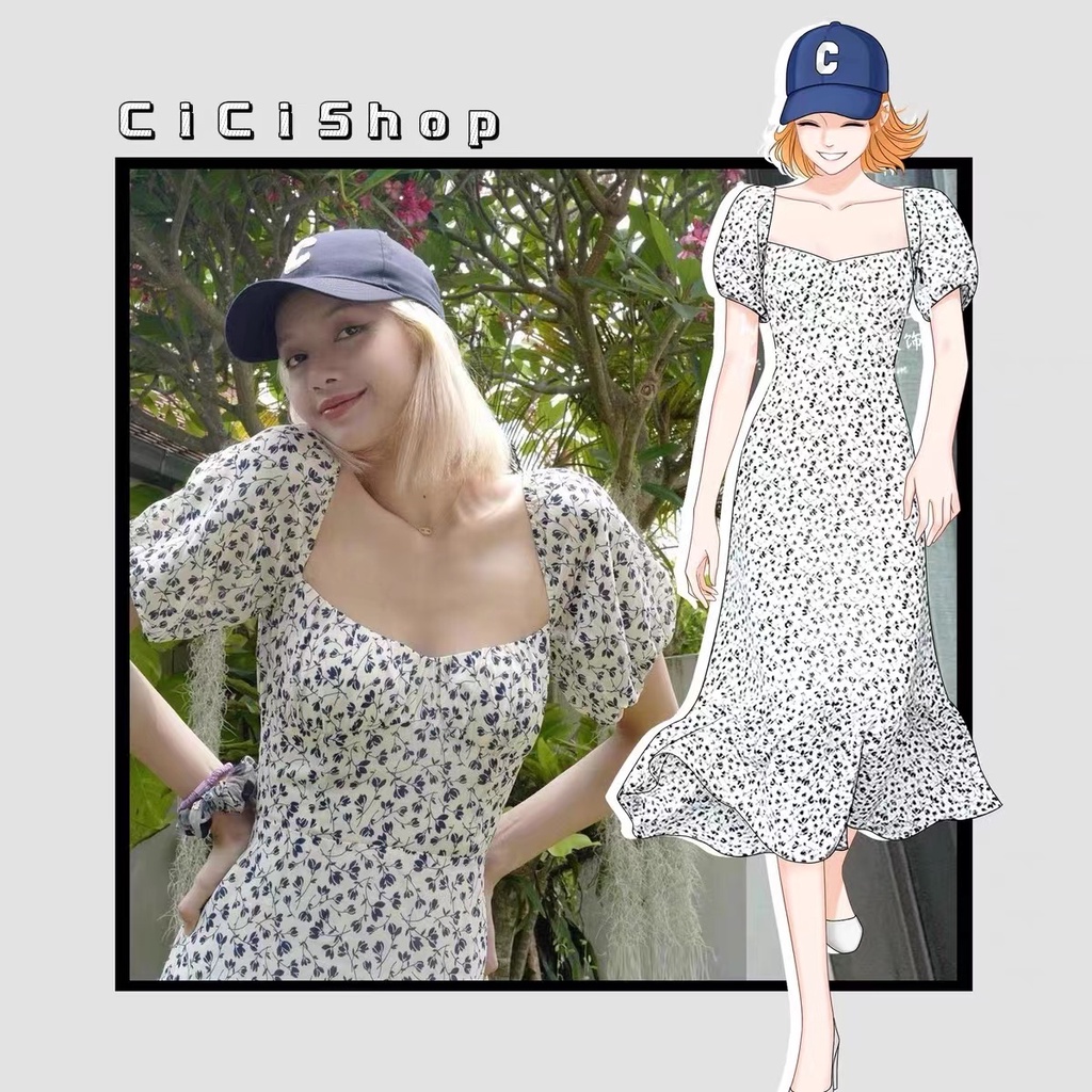 Cicishop(1120)ชุดเดรสแขนสั้นลายดอกไม้ คอเหลียมสวยๆสาวหวานสไตส์เกาหลี ลูกคุณหนูผู้ดี