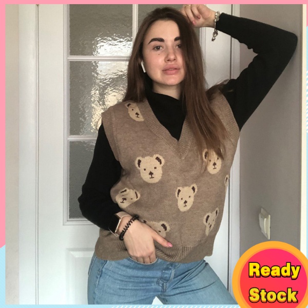 พร้อมส่ง เสื้อกั๊กไหมพรม ใสสบาย เสื้อกั๊ก สำหรับผู้หญิง คอวี สไตล์ย้อนยุค เสื้อกันหนาวคอวีแขนกุดผ้าถักพิมพ์ลายการ์ตูนสําหรับผู้หญิง