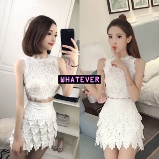 ส่งฟรีค่ะ เซตเสื้อแขนกุด+กระโปรง ลูกไม้สีขาวทั้งชุด