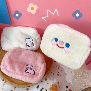 Korea simple and lovely ins Plush cosmetic bag cloud smile face bear wash hand bag make up storage bag