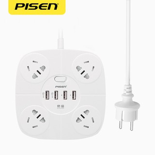 Pisen KY44 รางปลั๊กไฟ 4 ช่องพร้อม USB 4 ช่อง ขนาดกะทัดรัด ความยาว 1.8m. (White) ปลั๊ก EU ขากลม 2 ขา