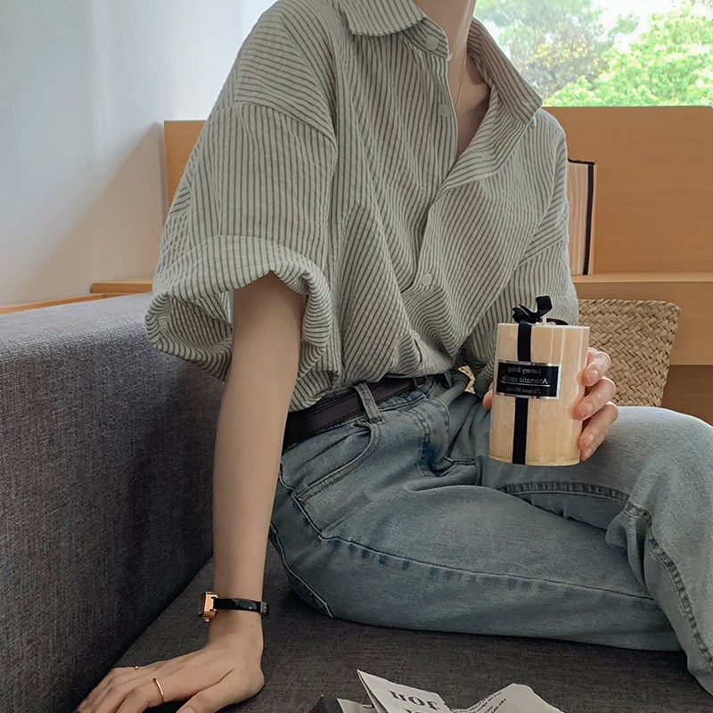 เสื้อเชิ้ตแขนสั้นลําลอง ทรงหลวม อเนกประสงค์ ลายทาง สไตล์เกาหลี แฟชั่นฤดูร้อน สําหรับผู้หญิง