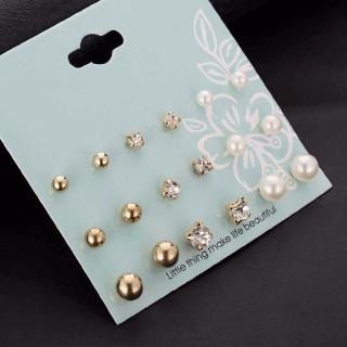 9 Pairs/set Crystal Simulated Pearl Stud Earrings Piercing Gold Color Fashion Earrings For Women Bijoux Jewelry Brincos