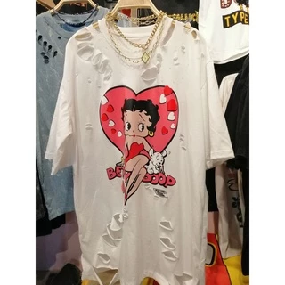 เสื้อขาด เสื้อโอเวอร์ไซส์ ลายการ์ตูน/ลายน่ารัก อก44-46" ยาว28" ผ้าคอตตอน ผ้าฟอก แต่งขาดแฟชั่น ใส่ได้ทั้งผู้ชายและผู้หญิง