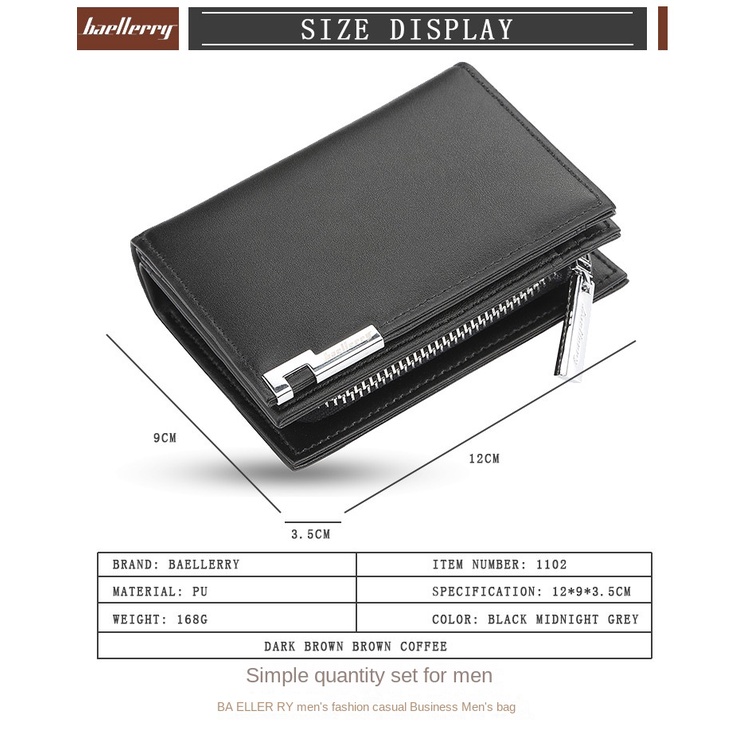 Baellerry ใหม่ กระเป๋าสตางค์ใบสั้นลําลอง มีซิป จุของได้เยอะ สีพื้น แฟชั่นสําหรับผู้ชาย
