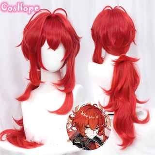 วิกผมคอสเพลย์ยาว Genshin Impact Diluc Cosplay 60cm Long Red Wig Cosplay Anime Cosplay Wigs Heat Resistant Synthetic Wigs Halloween