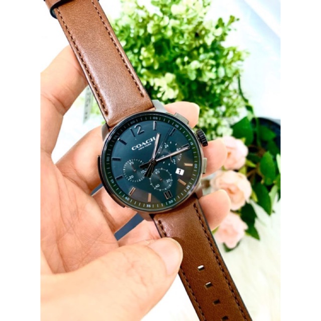 (ผ่อน0%) นาฬิกาชาย COACH Bleecker Chronograph Black Dial Brown Leather Men's Watch 14602017 สายหนังส