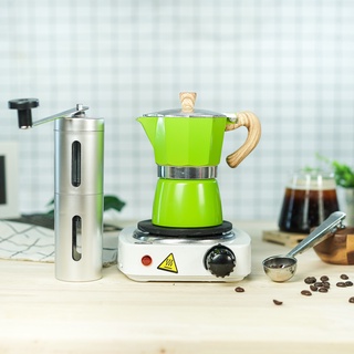 (สีเขียว) ชุดเตามินิไฟฟ้า + กามอคค่าพอท Moka pot + เครื่องบดมือหมุน + 2-1 ช้อนหนีบ