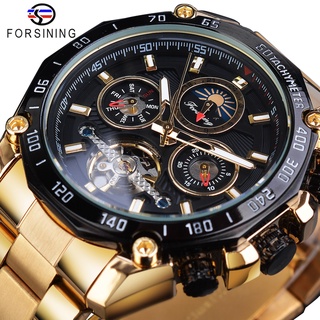 Forsining Golden Automatic Men Watches Tourbillon Mechanical Self Winding Moonphase Calendar Male Steel Band Clock Reloj