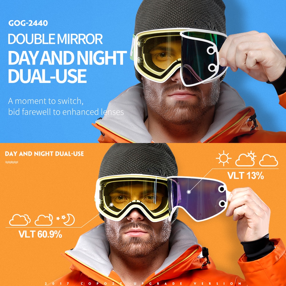 COPOZZ Dualuse lenses Ski Goggles with 2 in 1 Lens Antifog UV400 Night Skiing