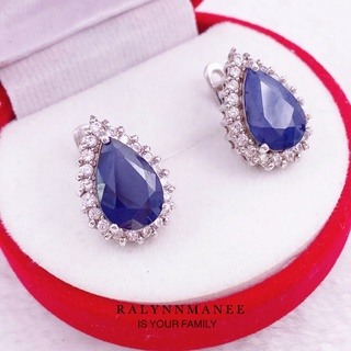 Q6438 ต่างหูพลอยไพลินแท้ ( Blue sapphire ) แบบอิงลิชล็อค ตัวเรือนเงินแท้ 925 ชุบทองคำขาว