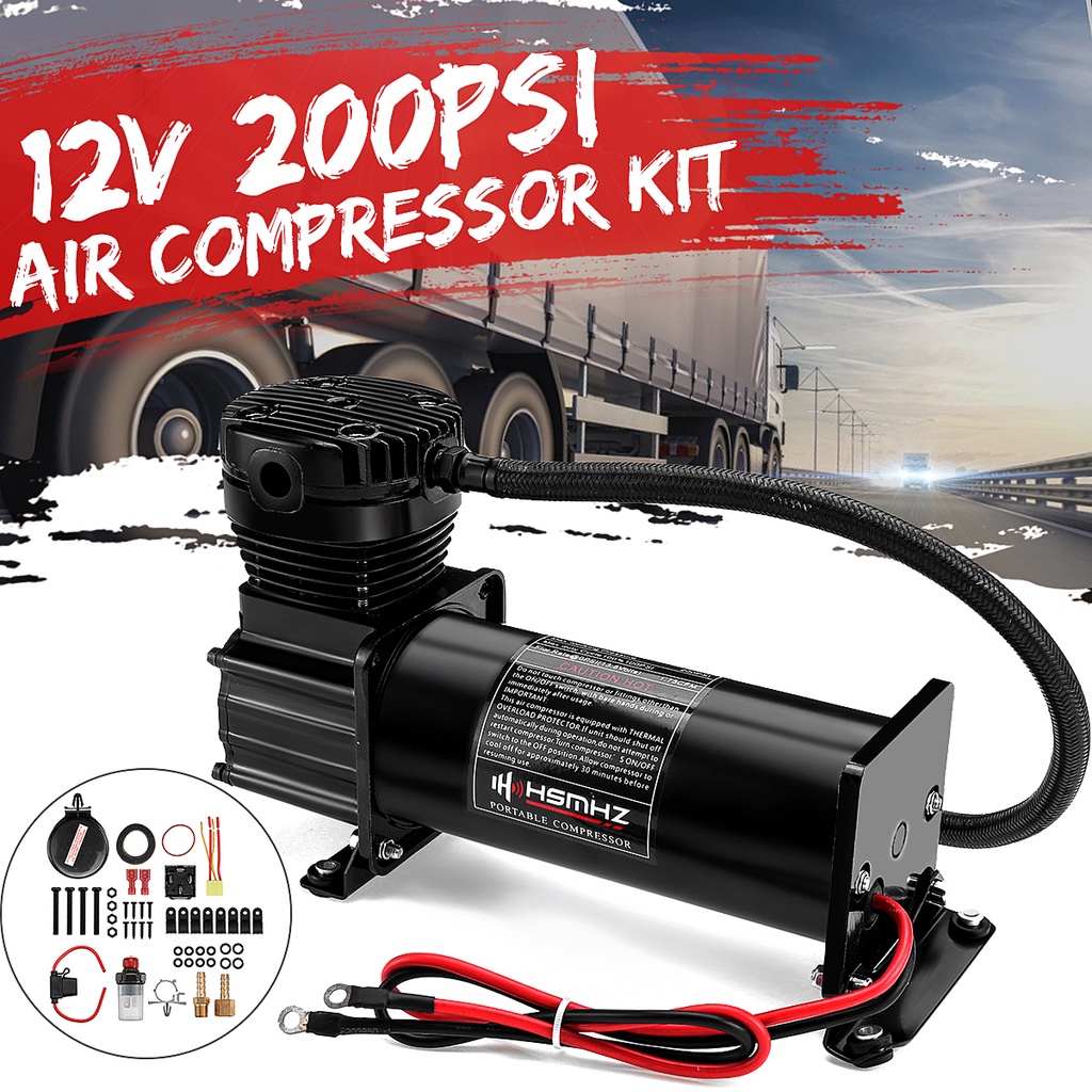 12V 200PSI 444C Max Horn Air Compressor Kit พร้อมรีเลย์สวิทช์รถบรรทุกสีดําเรือสีดํา