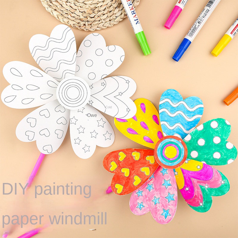 ภาพวาดเปล่า Windmill โรงเรียนอนุบาล Handmade Art วัสดุแพคเกจเด็ก DIY Graffiti ระบายสีของเล่นเพื่อการศึกษา